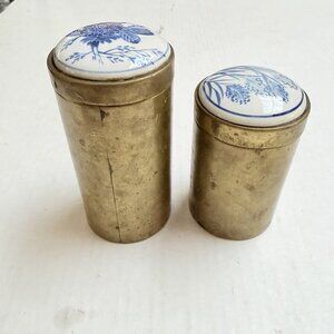 Vintage Set Round Brass Tobacco Containers Blue White Porcelian Lid Decor